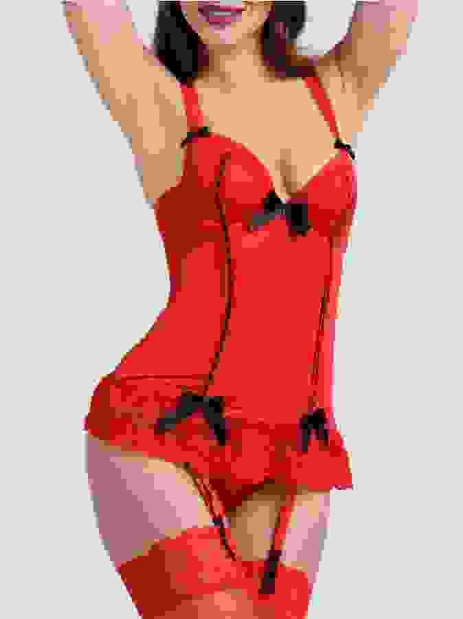 Lovehoney Vintage-Inspired Red Push-Up Basque Set, Red, hi-res